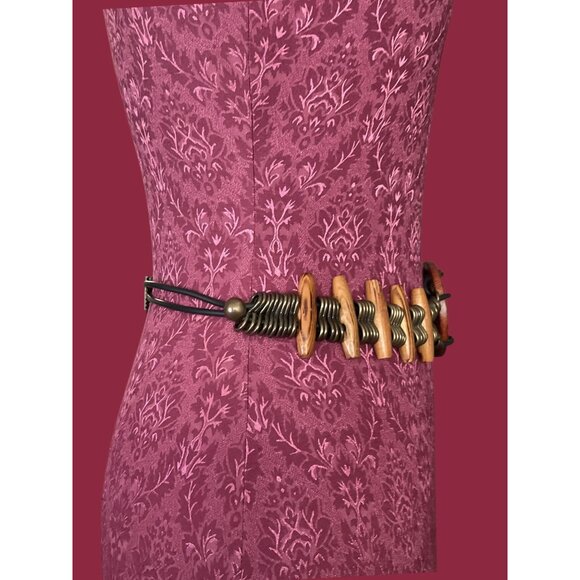 Vintage Wood Brass Concho Large Medallion Belt One Size Adjustable - Picture 6 of 7